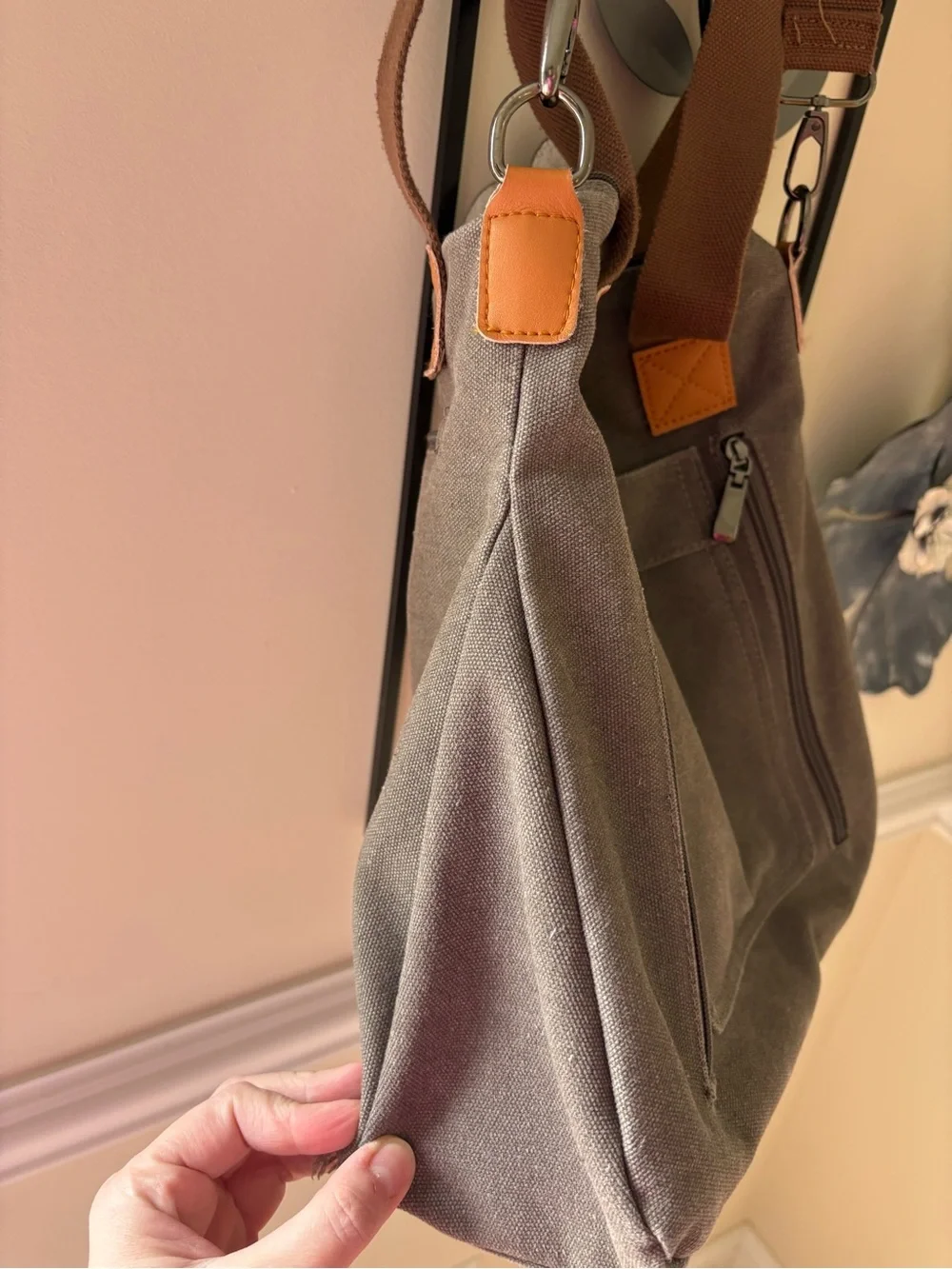 Canvas Tote Crossbody Bag in Gray with Brown Straps